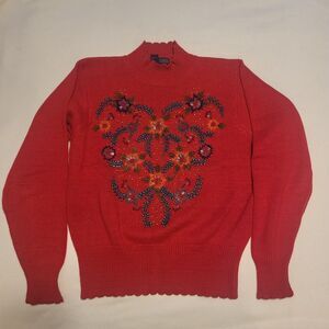 Herman Geist Vintage Hand Beaded Sweater Ramie Cotton 1980s Red Embellished